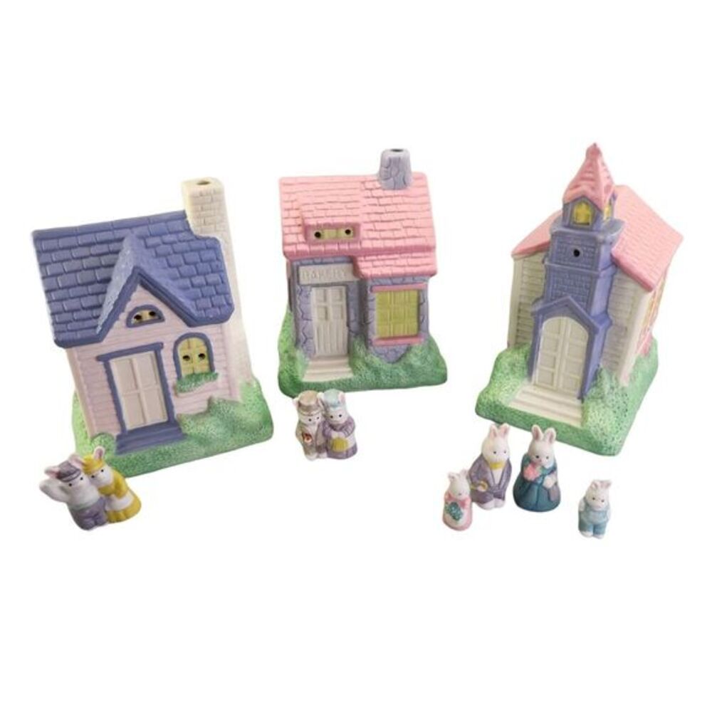 Easter Village Lighted Bunny Rabbits Spring Houses Hopalong Hollow Porcelain Vtg